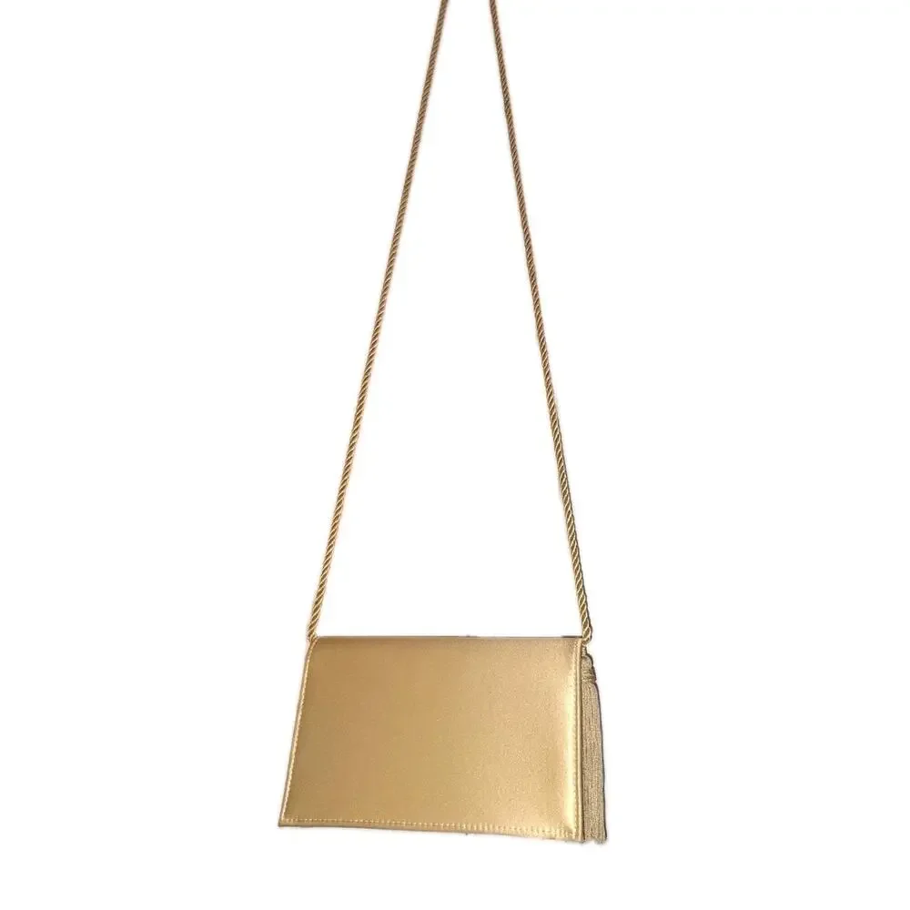 NWOT 100% Pure Silk Champagne Gold Flap Evening Clutch Crossbody Bag Tassel